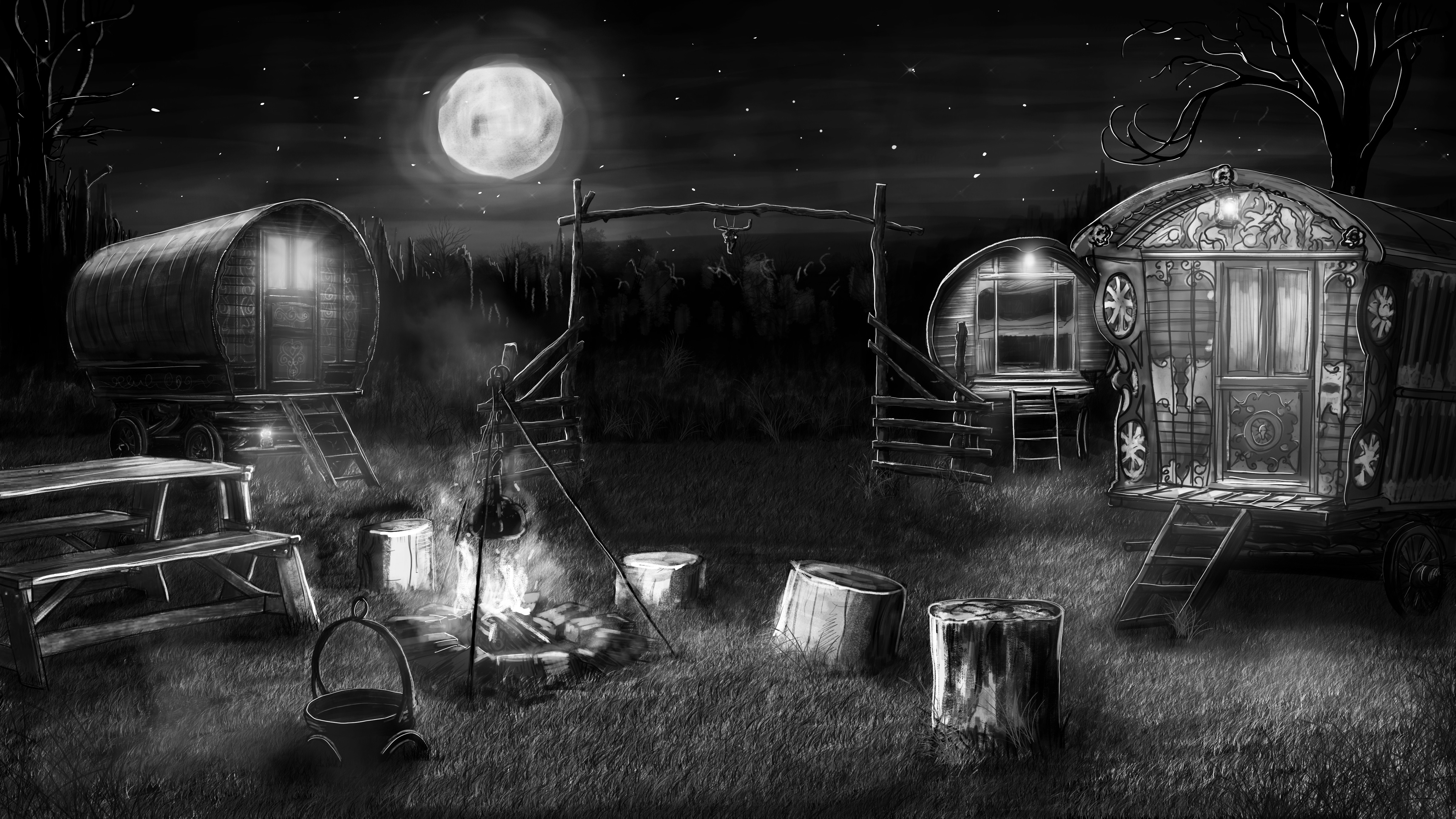 Gipsy camp at night (black/white drawing