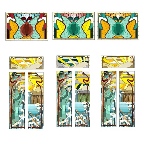 A awater scene design in Jugendstil style for a stained glass door.