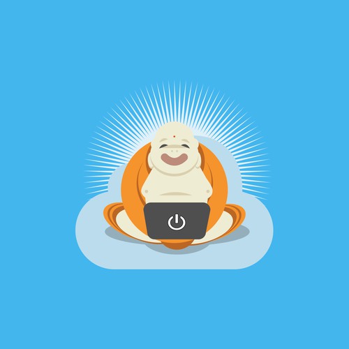 Create A Fun "Techie" Jolly Buddha Riding On A "WordPress Cloud" Typing On Laptop