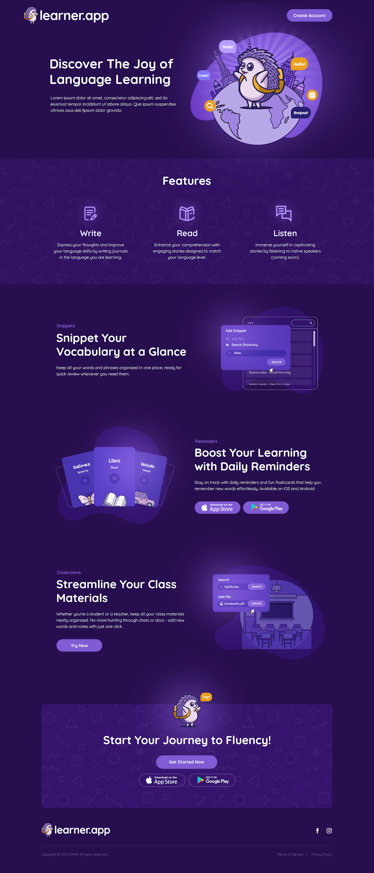 Design a landing page for a language learning platform
