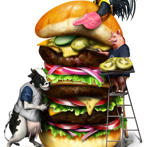 Cartoon Illustration - Farm Animals Building a Hamburger