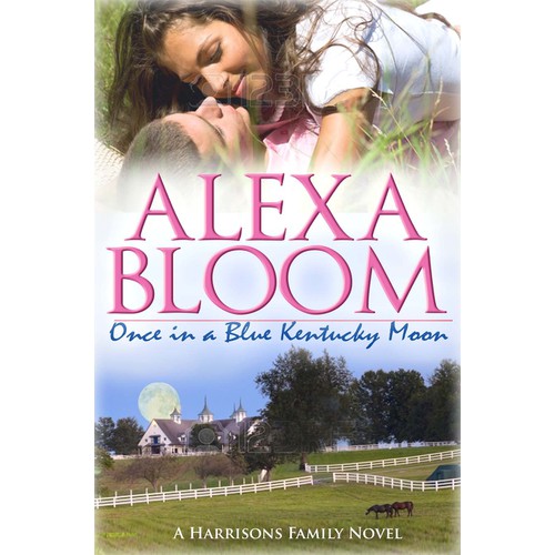 Create a romance book cover with a couple in love set against a premier Kentucky thoroughbred horse farm.