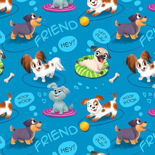 Seamless pattern with cute playing dogs