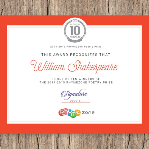 Create a beautiful award certificate for the RhymeZone Poetry Prize