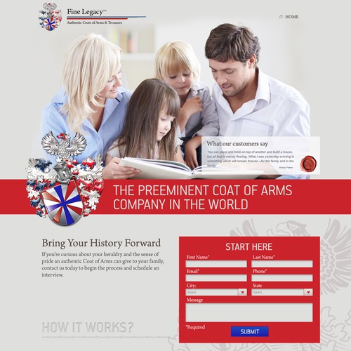 Craft a Landing Page worthy of Legend for the Coats of Arms experts @Fine Legacy