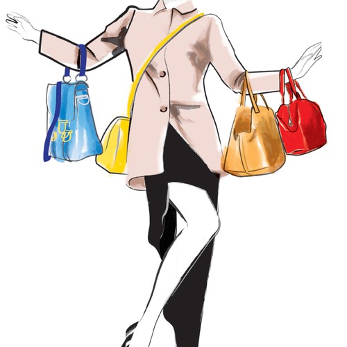 Create a illustration of a fashion orientated female who loves her handbags..