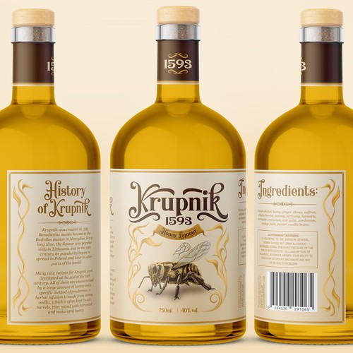 Krupnik 1593 Honey liquor label design.
