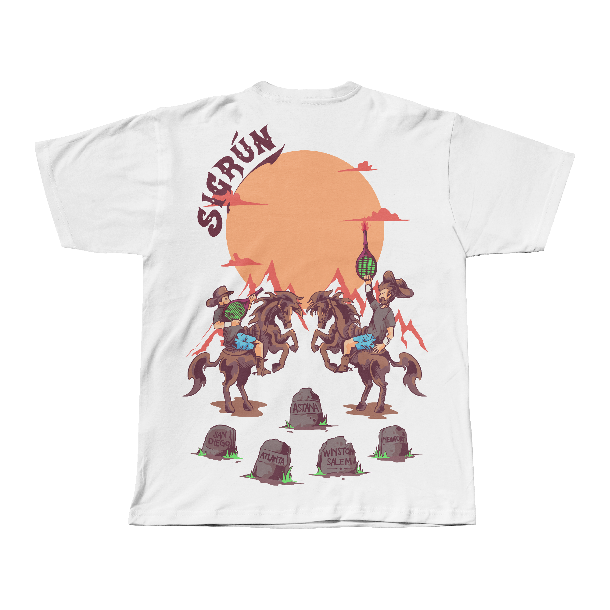 Western/Texas style illustration and tshirt design commemorating 2 tennis players