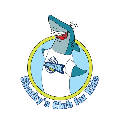 A playful shark "Sharky" wearing a Landshark Fitness T-Shirt needs a new logo