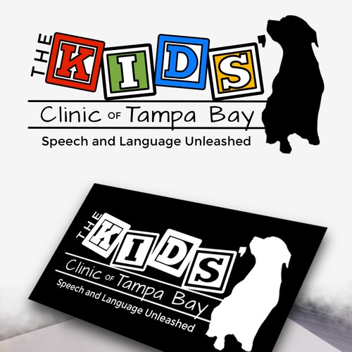 Create a fun/heartwarming logo for a pediatric therapy company that uses a service dog