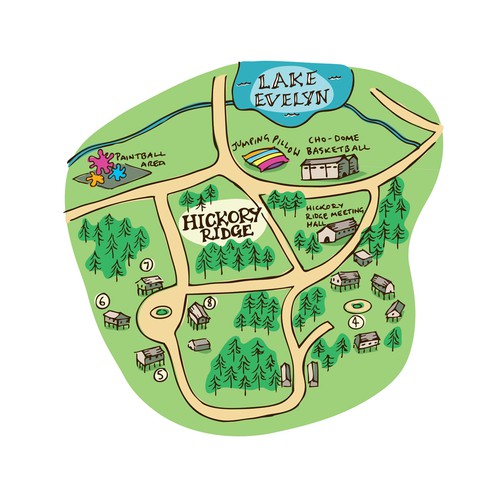 Hand drawn site map for a summer camp in Texas