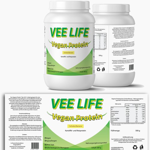 Label design for Vee Life (vegan protein)