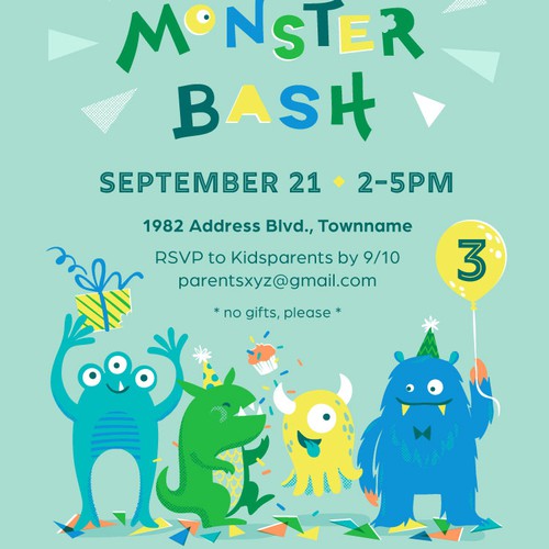 kid's birthday invite – 'monster bash'