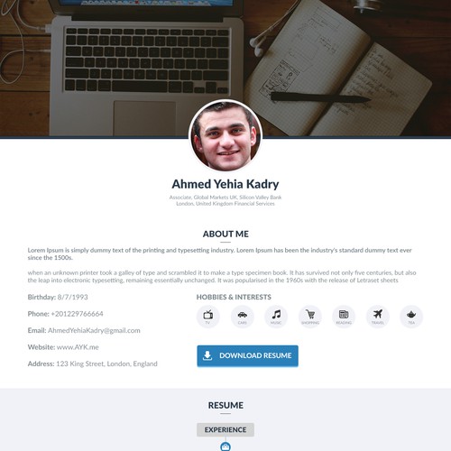 Winning design for One page resume website.