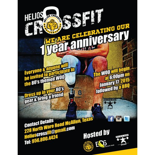 Create a flyer for Helios CrossFit 1 Year Anniversary Community WOD