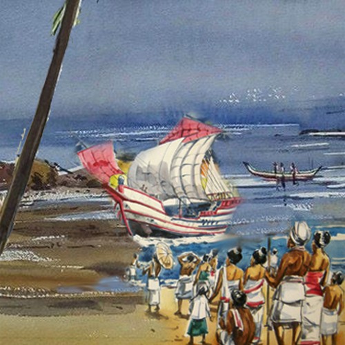 Title: An ancient ship arriving at the South Indian shore