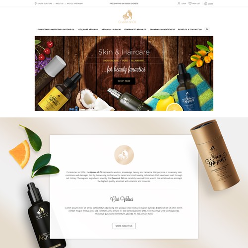 Homepage proposal for woman luxury organic haircair and skincare business