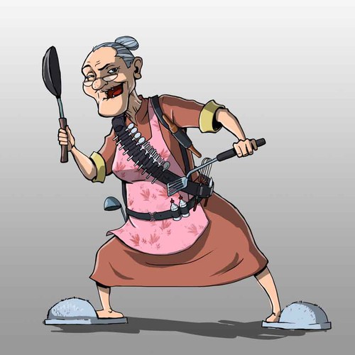 Create  an illustration of a grandma for a chutney label 