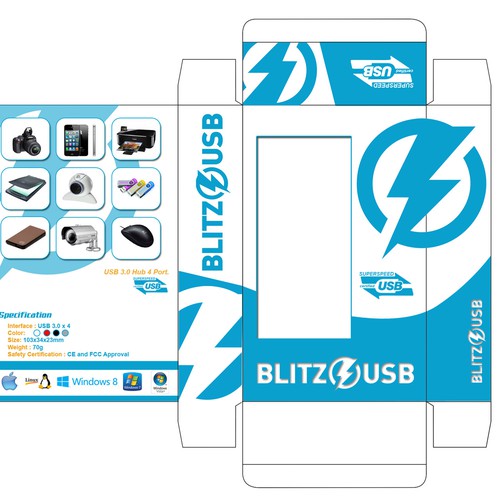 Create a striking, high quality outer package design for Blitz USB hub.