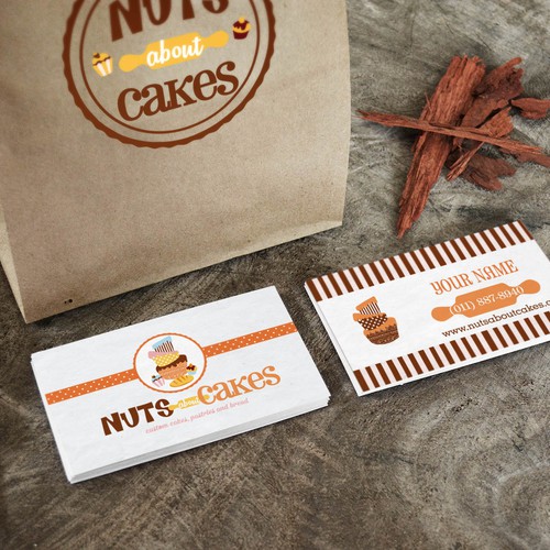 Design a package for a fun and bubbly bakery. Nuts About Cakes
