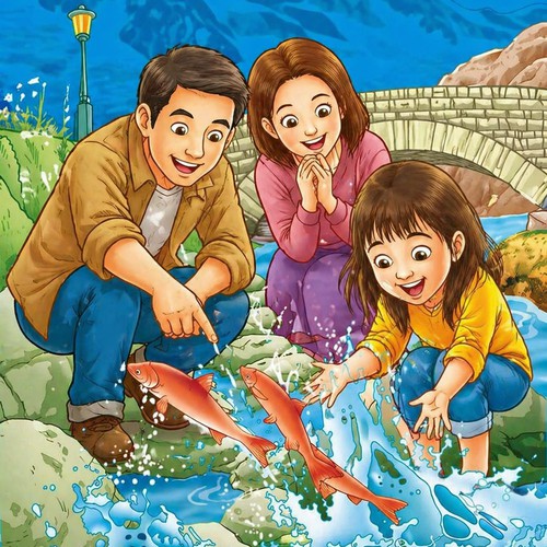 Family Joy by the River Illustration