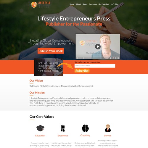Home page design for lifestyle entrepreneurs press 