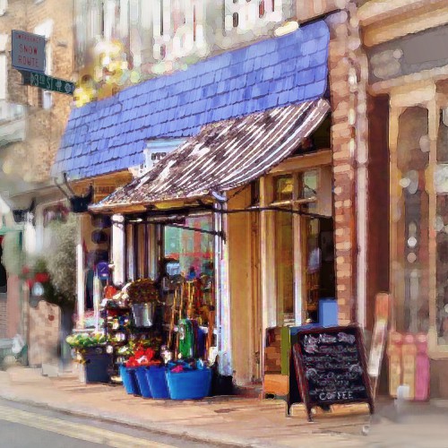 Watercolor/painterly illustration of a shopping/market street