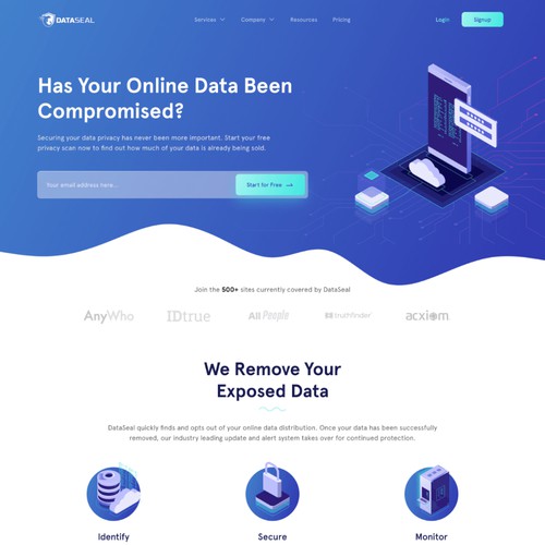 Professional and modern landing page for customer data protect product