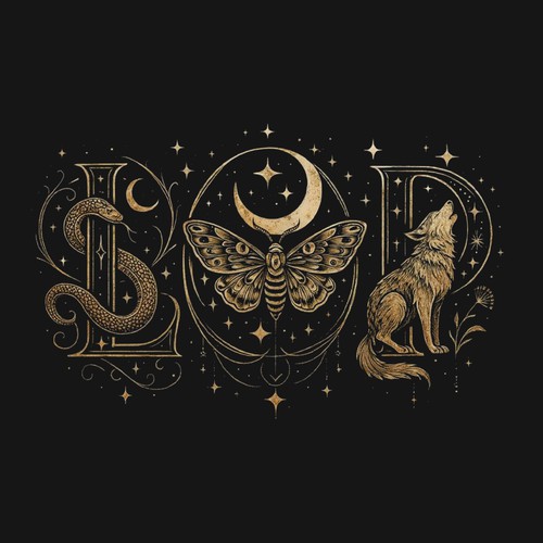 Mystical “L O D” Monogram Illustration (This Design Is Available For Sale)– Snake, Moth, Wolf, Crescent Moon & Stars 