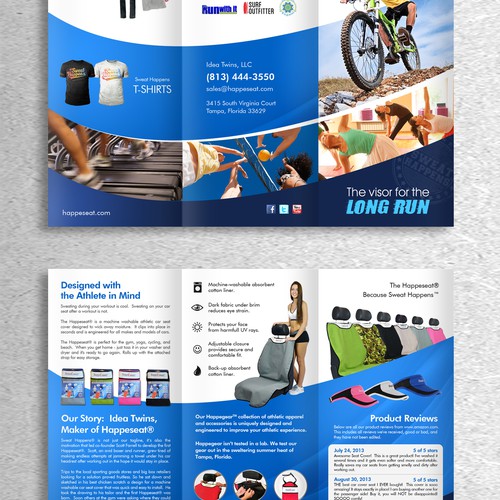 Trifold brochure design for NATIONAL SPORTING GOODS accessory company.  Sweat Happens!