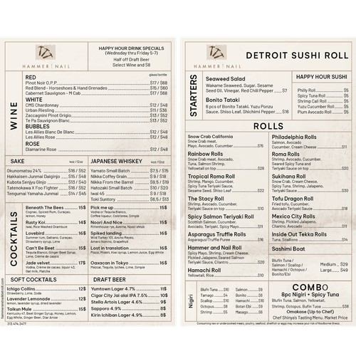 menu for mid century bar with sushi
