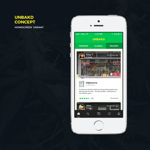 Homescreen concept for mobile app "Unbakd"