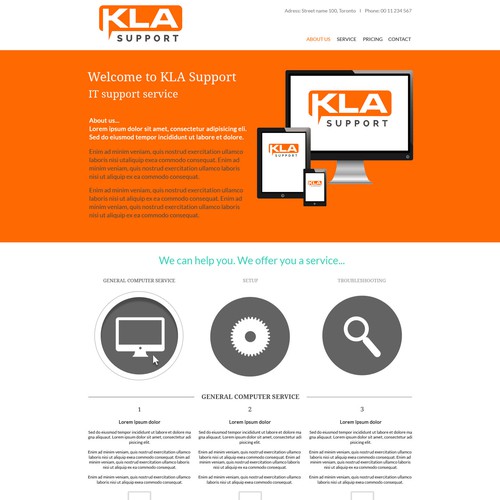 Create a clean, simple, one page scrolling webpage for KLA Support