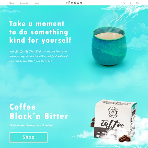 Dreamy, clean, whimsical main page for wellness beverage brand