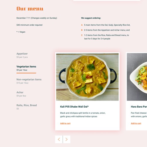 Web page for US-based Indian food sales company 