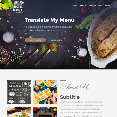 parallax homepage for a restaurant themed website and app