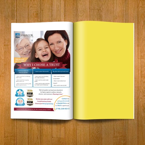 Full page ad for family protection via estate planning (sample copy/image incl)