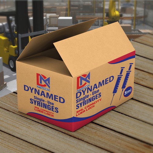 Custom Carton Box Design for DynaMed Single-Use Syringes (Red & Blue Color Scheme)