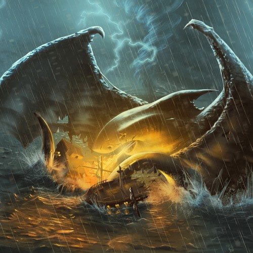Shark Dragon Attacking a Pirate Ship in a Tornado