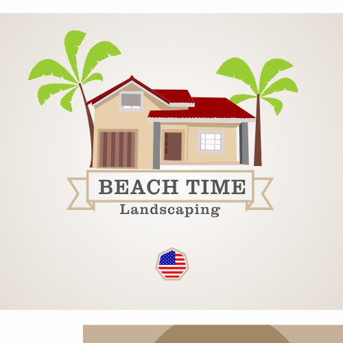 Create the next logo and business card for Beach Time Landscaping