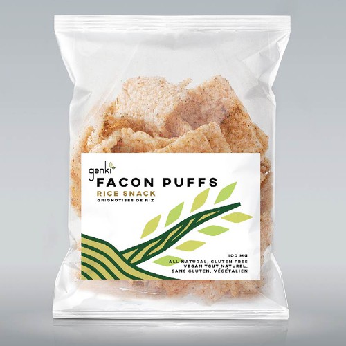 Label Design for organic rice snack “Facon Puffs”.