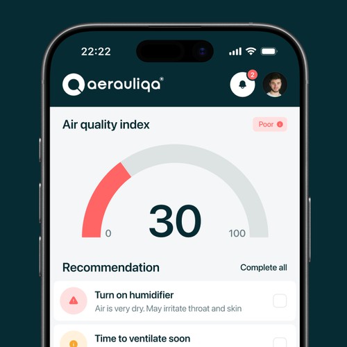 UI/UX Design for Aerauliqa App for IAQ monitor device 