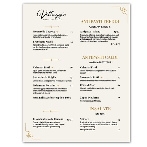 Italian restaurant menu