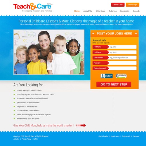 Landing Page Design for Teach & Care