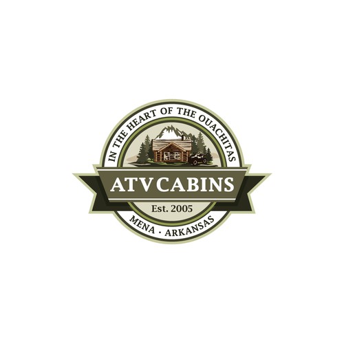 Create a log cabin rental logo with a vintage/antique feel incorporating ATVs