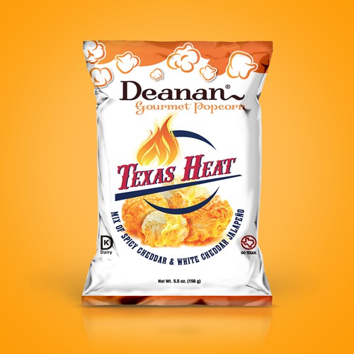 Packaging design for "Texas Heat" Popcorn Flavor.