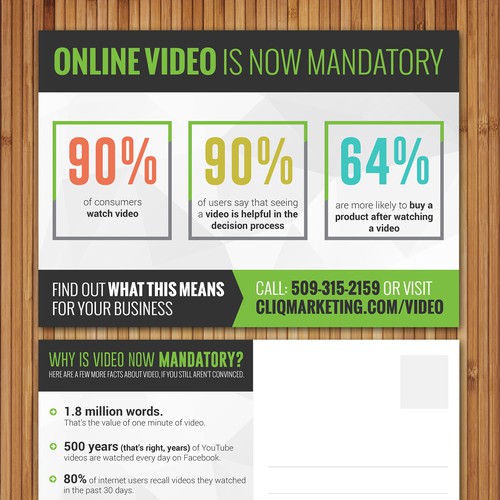 Design an eye-catching Direct Mail postcard for Video marketing company