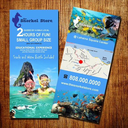 Create a fun 4in X 9in brochure for a new shoreline snorkel tour company. Shorline Xpress Snorkel.