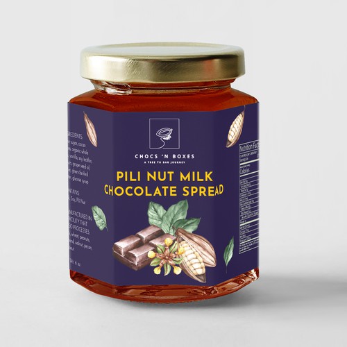 Create a luxurious, tropical sticker for pili nut milk chocolate sprea, tree-to-bar brand.