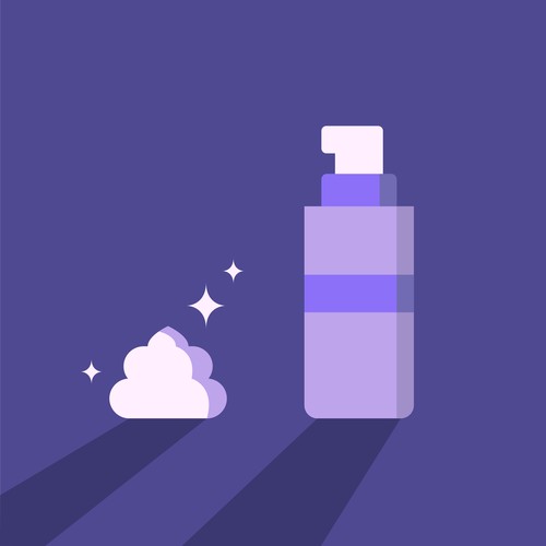  Illustration of a bottle of a cosmetic product in purple colors.